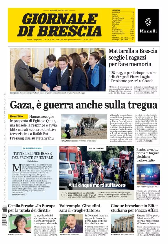 Prima-pagina-giornale di brescia-oggi-edizione-del-2024-05-07